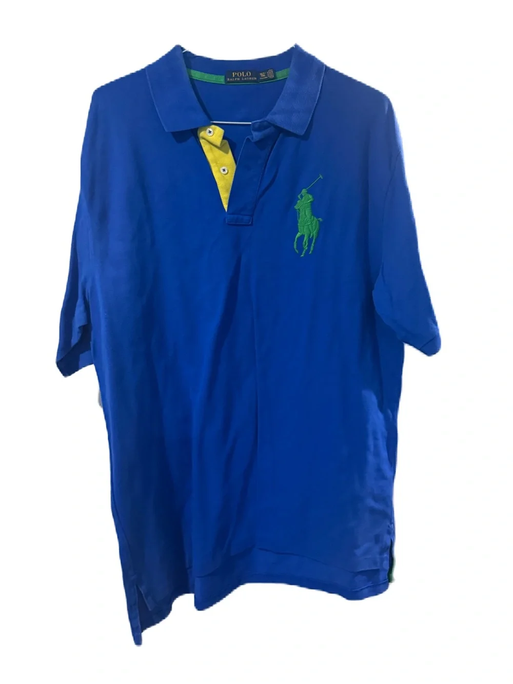 Ralph Lauren Royal Blue Polo with Lime Logo and Red Sleeve Detail